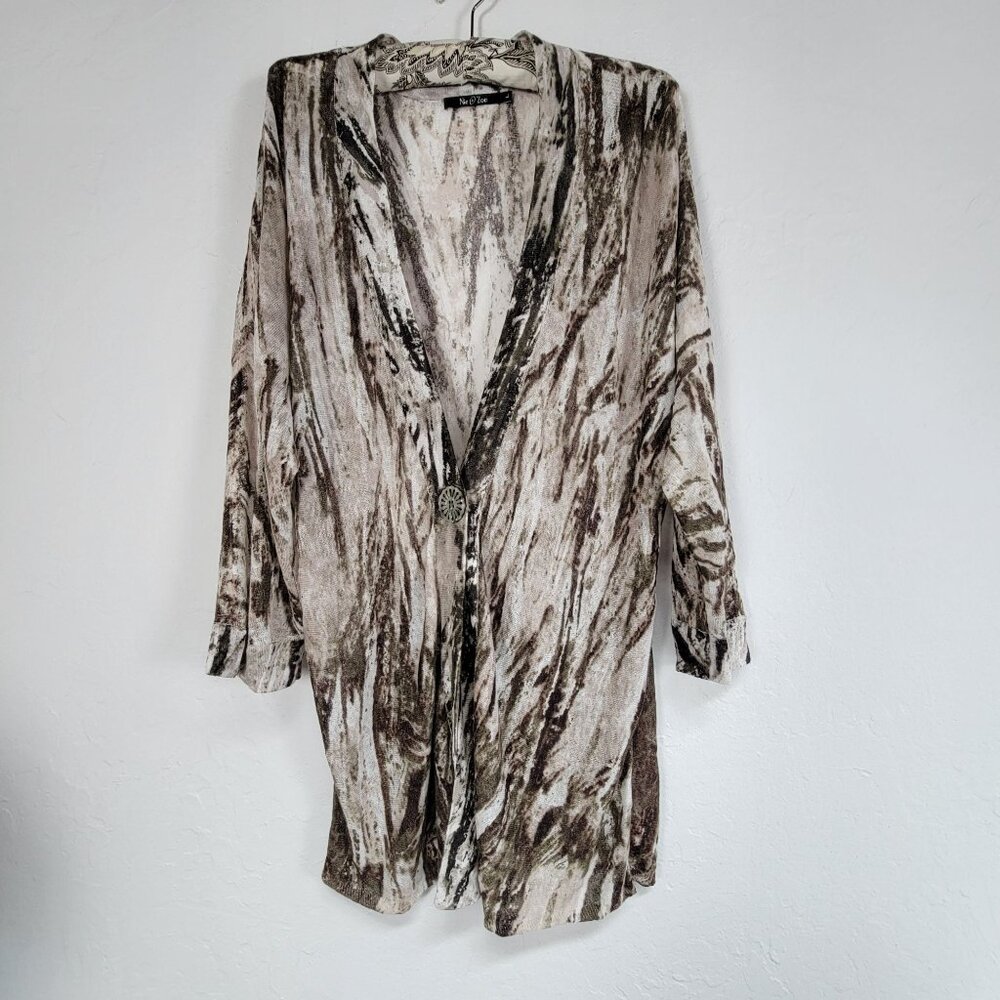 Nic & Zoe Womens Abstract Print Linen Blend Cardigan Sweater Large Lightweight